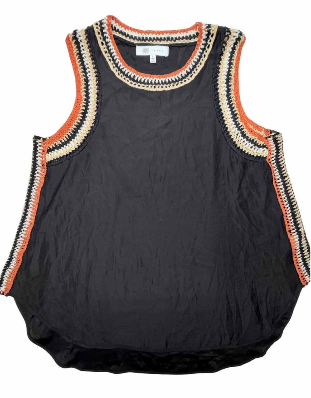 Fever Womenโs Large Black Crochet Trim Sleeveless Blouse Boho Tunic Top